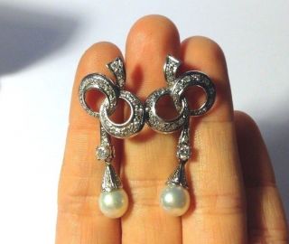 1930 ' s Art Deco 18K White Gold 1.  30CTW Diamond and Pearl Bow Drop Earrings 3