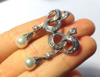 1930 ' s Art Deco 18K White Gold 1.  30CTW Diamond and Pearl Bow Drop Earrings 4