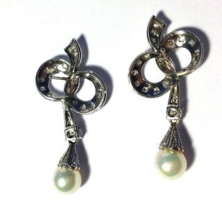 1930 ' s Art Deco 18K White Gold 1.  30CTW Diamond and Pearl Bow Drop Earrings 5