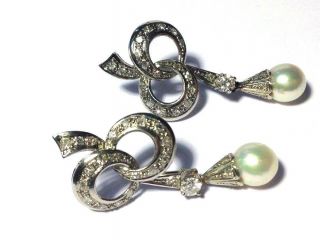 1930 ' s Art Deco 18K White Gold 1.  30CTW Diamond and Pearl Bow Drop Earrings 6