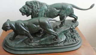 “lion & Lioness” French Antique Bronze Sculpture By Paul Edouard Delabrierre