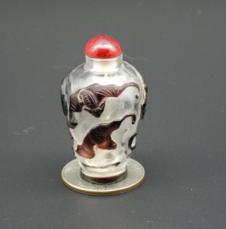 Chinese Peking (cameo) Glass Snuff Bottle,  Black Overlay With Flying Bats Fruit