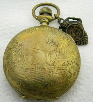 Antique 18s Engraved Deer Stag Brass Hunter Pocket Watch Case Parts Repair
