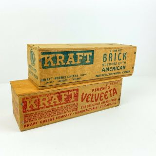 Kraft Cheese Brick Wood Boxes Velveeta Red Blue With Lids 2 Chicago Antique Htf