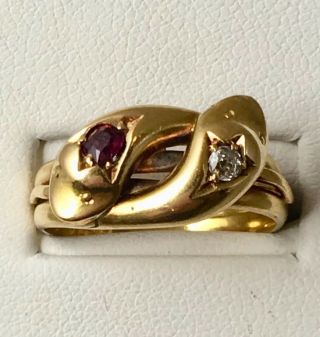 18ct Yellow Gold Victorian 1898 Double Snake Ring With Diamond & Ruby Size M