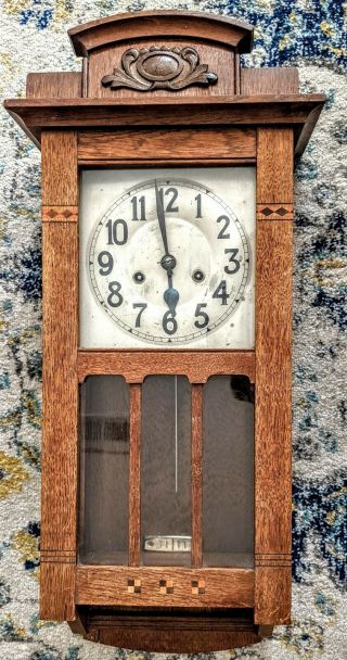 Antique German Wall Clock Crossed Arrows Inlaid Wood