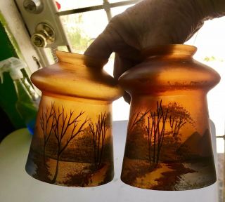 Antique Carnival Glass Hand - Painted Lamp Shades Two