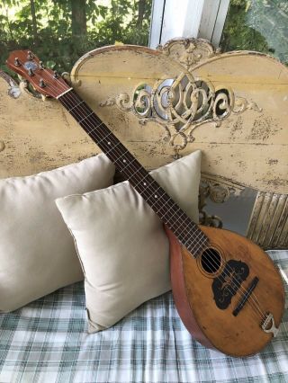 Antique Vintage August Pollmann Mandoline Guitar,  Six Strings,  Rare,  Complete