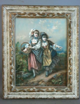 1873 Antique 19thc Victorian Sisters Old Seaside Garden Outdoor Pastel Painting