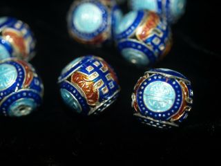 One Vintage Chinese Bead Cloisonne Canton Enamel Silver Blue Shou 16mm Round