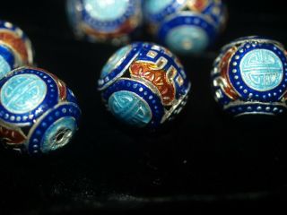 One Vintage Chinese Bead Cloisonne Canton Enamel Silver Blue Shou 16mm Round 2
