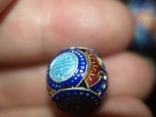 One Vintage Chinese Bead Cloisonne Canton Enamel Silver Blue Shou 16mm Round 3