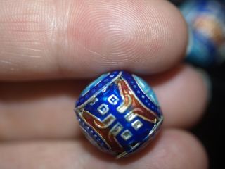 One Vintage Chinese Bead Cloisonne Canton Enamel Silver Blue Shou 16mm Round 4