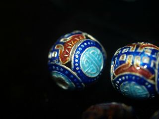 One Vintage Chinese Bead Cloisonne Canton Enamel Silver Blue Shou 16mm Round 5