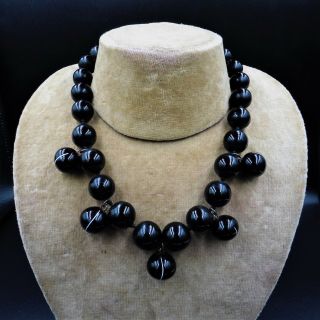Antique Victorian Whitby Jet & Banded Agate Beaded Silver Necklace Collar C.  1860