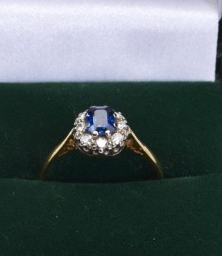 Edwardian 18ct Emerald Cut Sapphire,  And Old European Diamond Ring Size Q