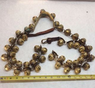 Antique Pat 1877 Petal Horse & Carriage Sleigh Bells 46 Brass 8 Feet Chain Links