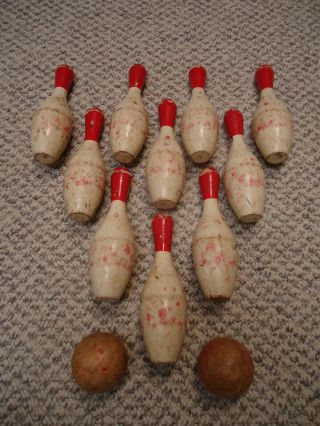 Antique Rare Bowling Set With 10 Small Pins 2 Wooden Balls