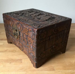 Vintage Hand - Carved Camphor Wood Small Chest Trinket Jewellery Box Chinese