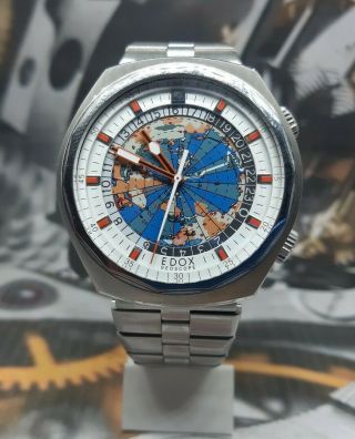 Rare 1970s Vintage Edox Geoscope Automatic World Time Swiss Made Wrist Watch