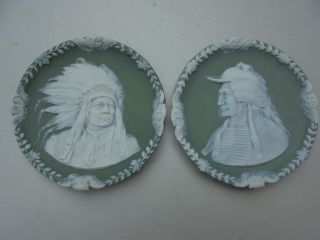 Pair Antique German Green Jasperware Sioux Oglala Indian Chief Plaques W Owls