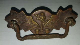 Antique Solid Brass Figural Hardware Drawer Pull Owl Acorn Oak Leaves