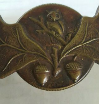 Antique Solid Brass Figural Hardware Drawer Pull Owl Acorn Oak Leaves 3