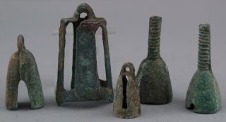 5 Small Ancient Antique Chinese Ceremonial Burial Bronze Bells,  Green Verdigris