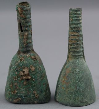 5 Small Ancient Antique Chinese Ceremonial Burial Bronze Bells,  Green Verdigris 3