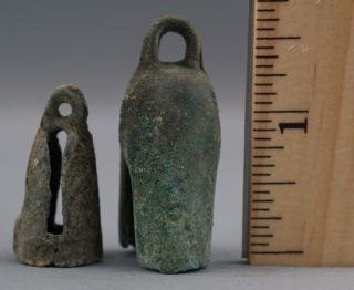 5 Small Ancient Antique Chinese Ceremonial Burial Bronze Bells,  Green Verdigris 4