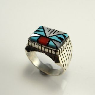 Old Pawn Zuni Inlay Fine Turquoise Signet Ring Mens Unisex Sterling Silver 925