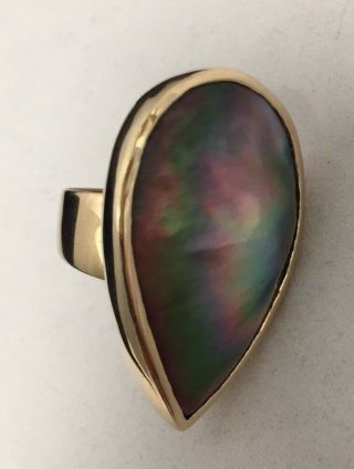 Huge Vintage Mother Of Pearl & 14k Gold Teardrop Ring Estate Jewelry 19g 39mm