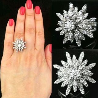Vintage Diamond 14k White Gold Cluster Cocktail Ring Retro Mid Century Snowflake