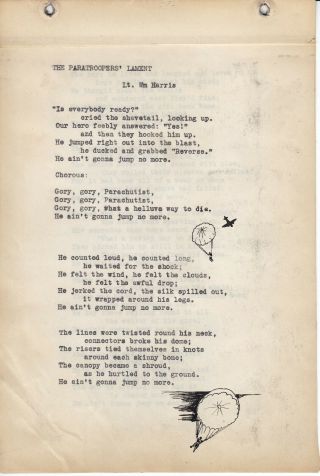 Wwii Us Army 82nd Airborne Paratrooper Typed Song W Ink Drawings - 3 Pgs