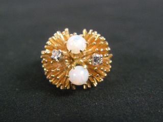 Vintage Unique Mid Century Mod 14k Gold Diamond Opal Starburst Sputnik Ring