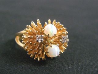 Vintage Unique Mid Century Mod 14K Gold Diamond Opal Starburst Sputnik Ring 2