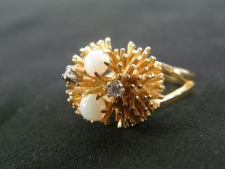 Vintage Unique Mid Century Mod 14K Gold Diamond Opal Starburst Sputnik Ring 3