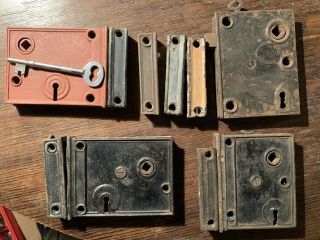 4 Antique Rim Locks Late 1800’s Rhco Cast Iron Extra Keepers Door Hardware