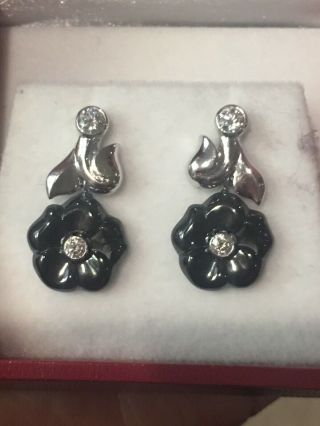 Chanel 18k Black Camellia Diamond Earrings Set In White Gold Pierced