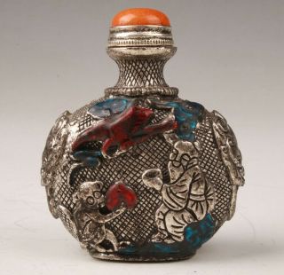 Tibetan Silver Colored Drawing Handmade Carving Children Statue Snuff Bottle