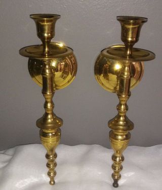 Vintage Pair Decorative Brass Wall Sconces Single Candlestick Candle Holders 11 "