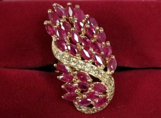 Vintage Estate 14k Yellow Gold Ruby & Diamond Cluster Ladies Cocktail Ring