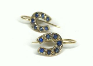 Antique Edwardian Sapphire And Diamond Lucky Horseshoe Earrings 15k Gold C.  1900