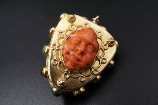 Vintage 18k Gold Carved Coral Face Jeweled Pendant Dual Sided Co366
