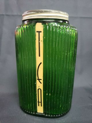 Antique Depression Green Glass Hoosier Tin Cover Art Deco Rounded Tea Canister