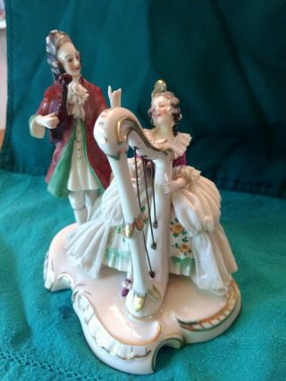 Antique German Dresden Lace Figurine Musician Couple With Harp 6 "