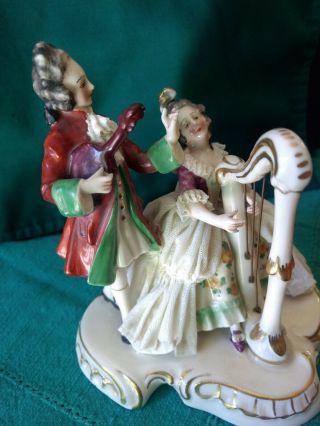 Antique German DRESDEN Lace Figurine Musician Couple with Harp 6 