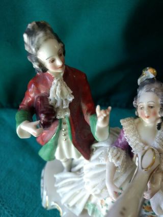Antique German DRESDEN Lace Figurine Musician Couple with Harp 6 