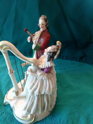 Antique German DRESDEN Lace Figurine Musician Couple with Harp 6 