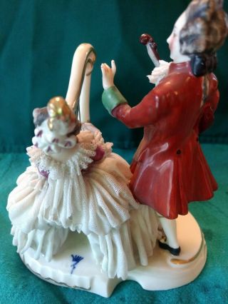 Antique German DRESDEN Lace Figurine Musician Couple with Harp 6 